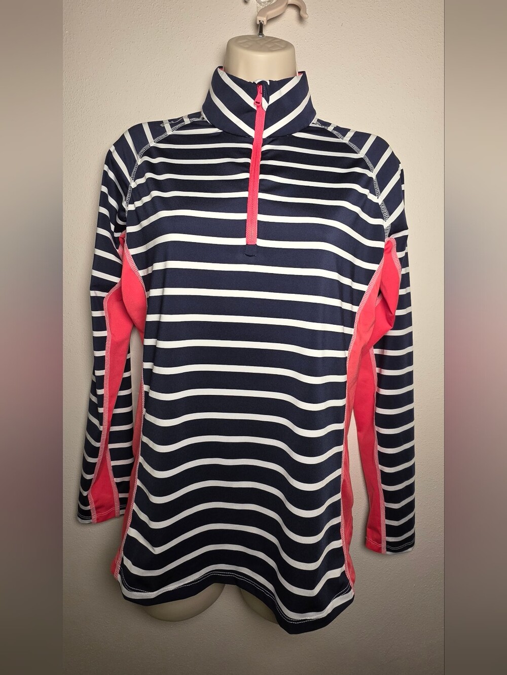 RLX Ralph Lauren Navy & White Striped Quarter-Zip Pullover with Pink Accents